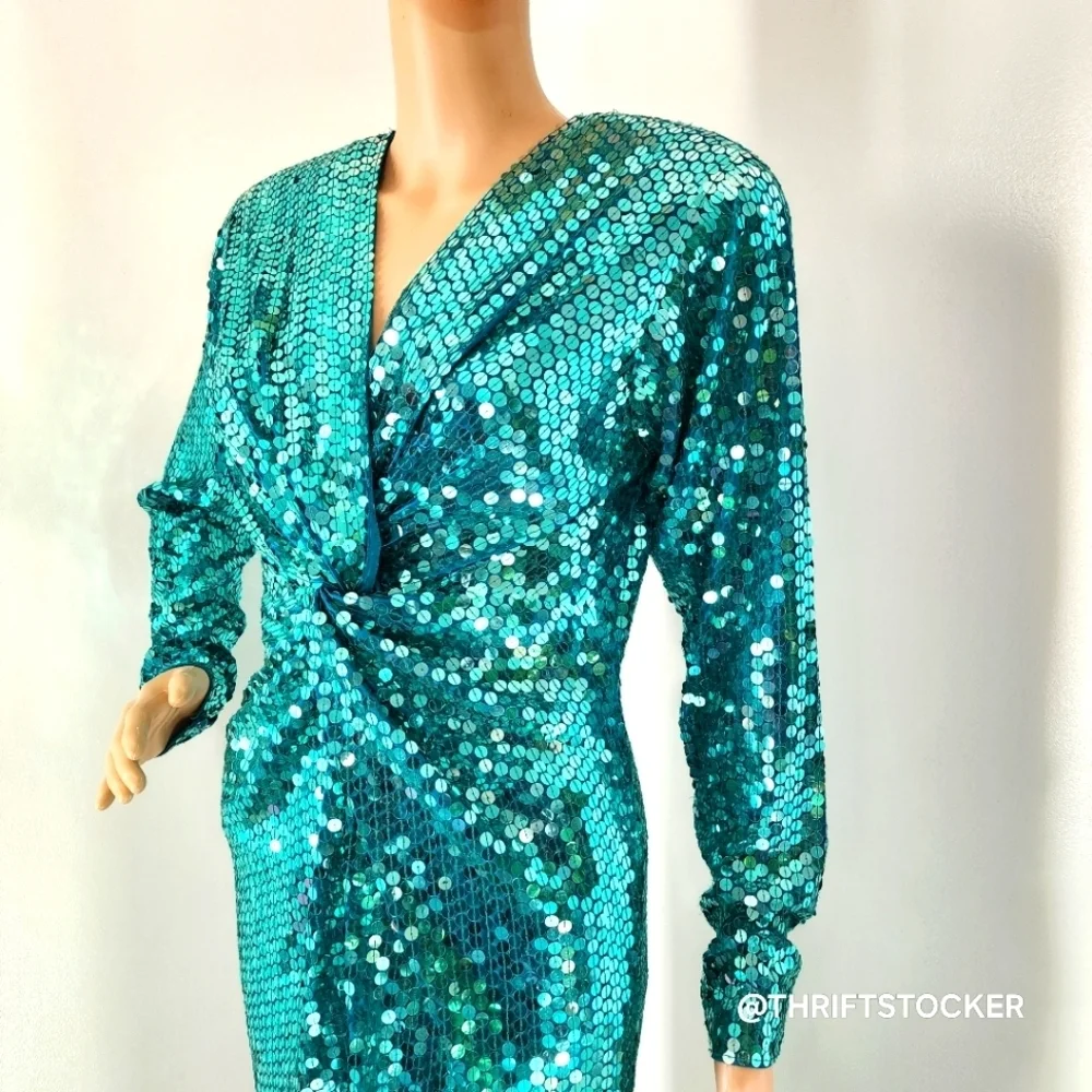 Vintage 80s Oleg Cassini Sequin Teal Dress - Picture 2 of 8